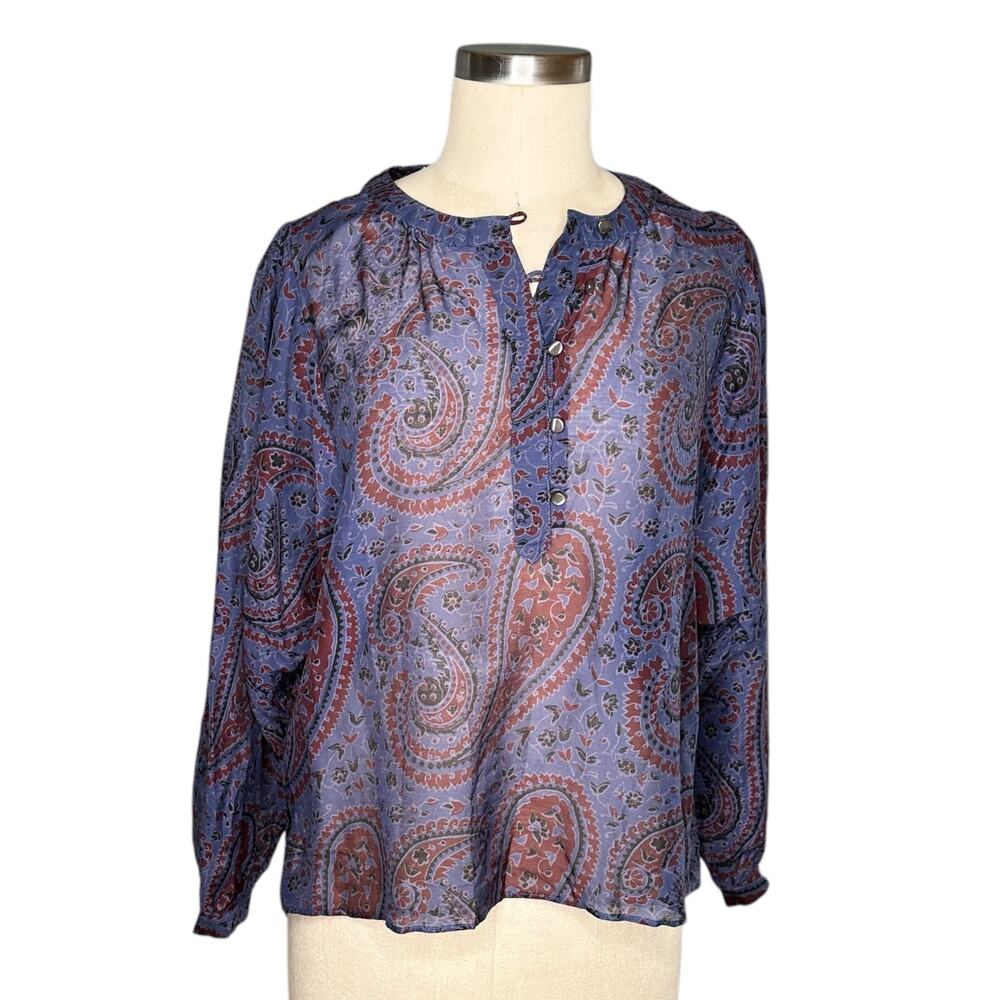 ALEX MILL Easy Popover Blouse Paisley Purple Red Women's Size Medium Sheer Knit